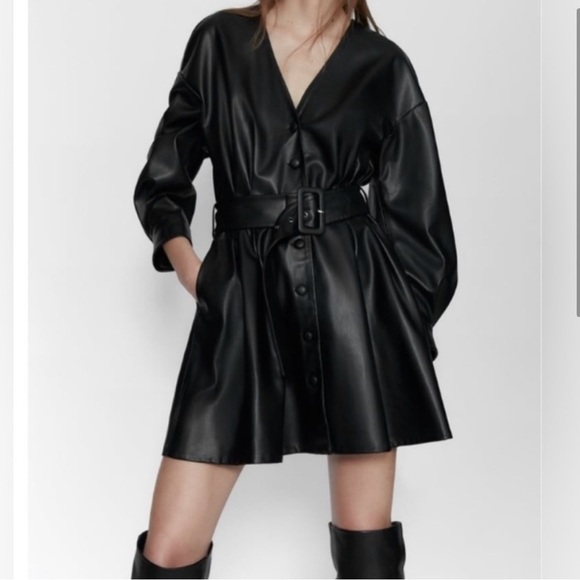Zara Dress Faux Leather Black Button Belted Jacket Dress Size Medium - Picture 4 of 12